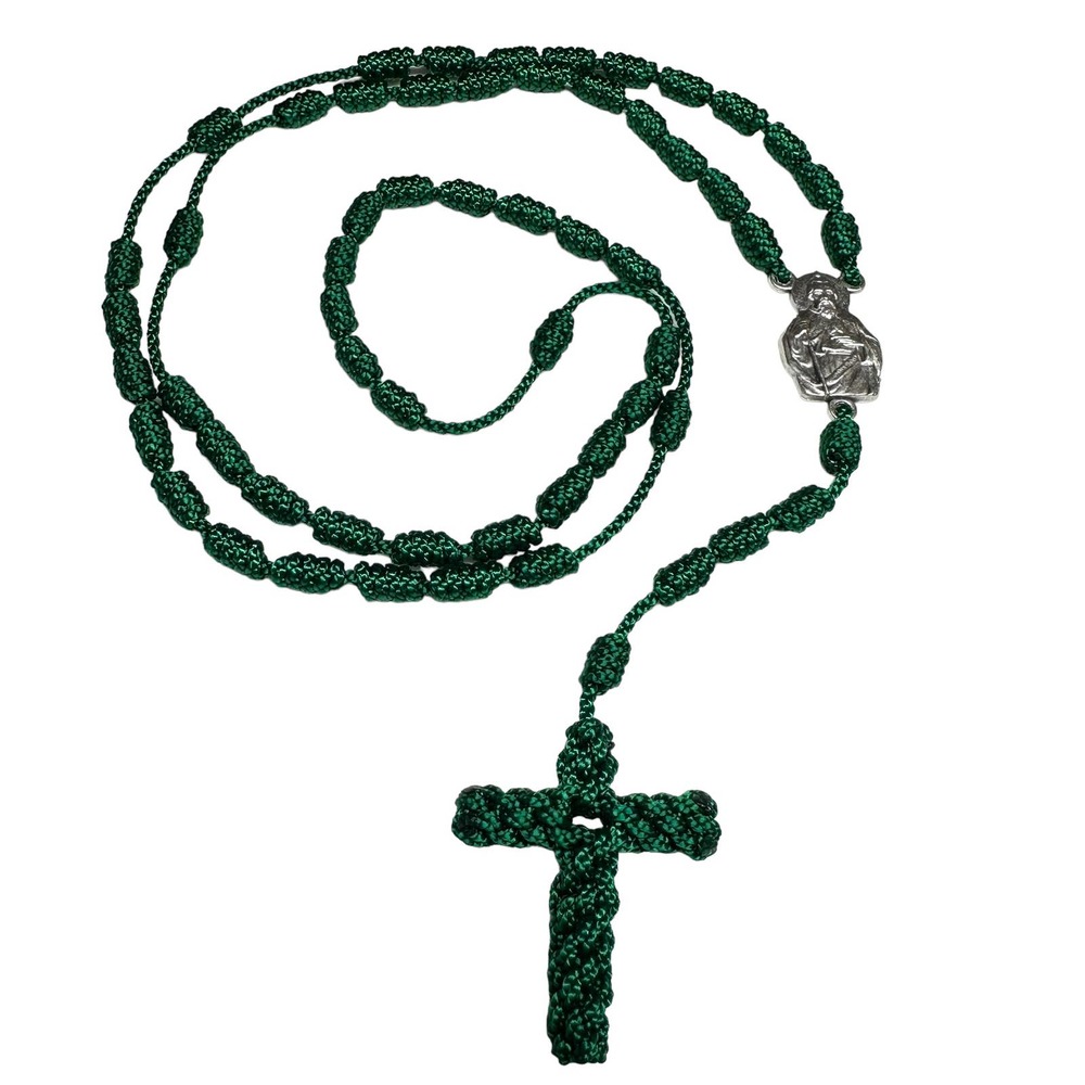 St Jude Green Knotted Rope Rosary Necklace Handmade Saint NEW